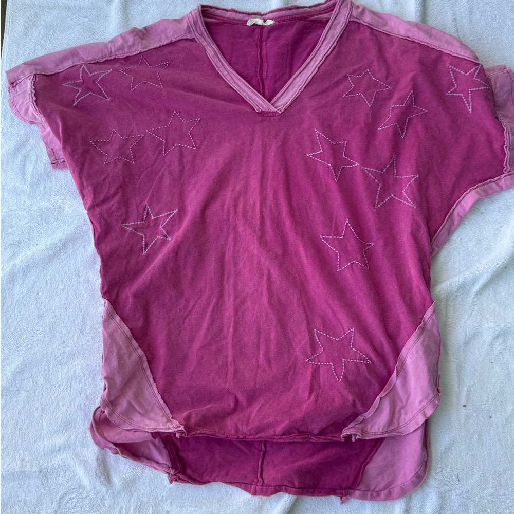 Pink Star Embroidered Short Sleeve Top
